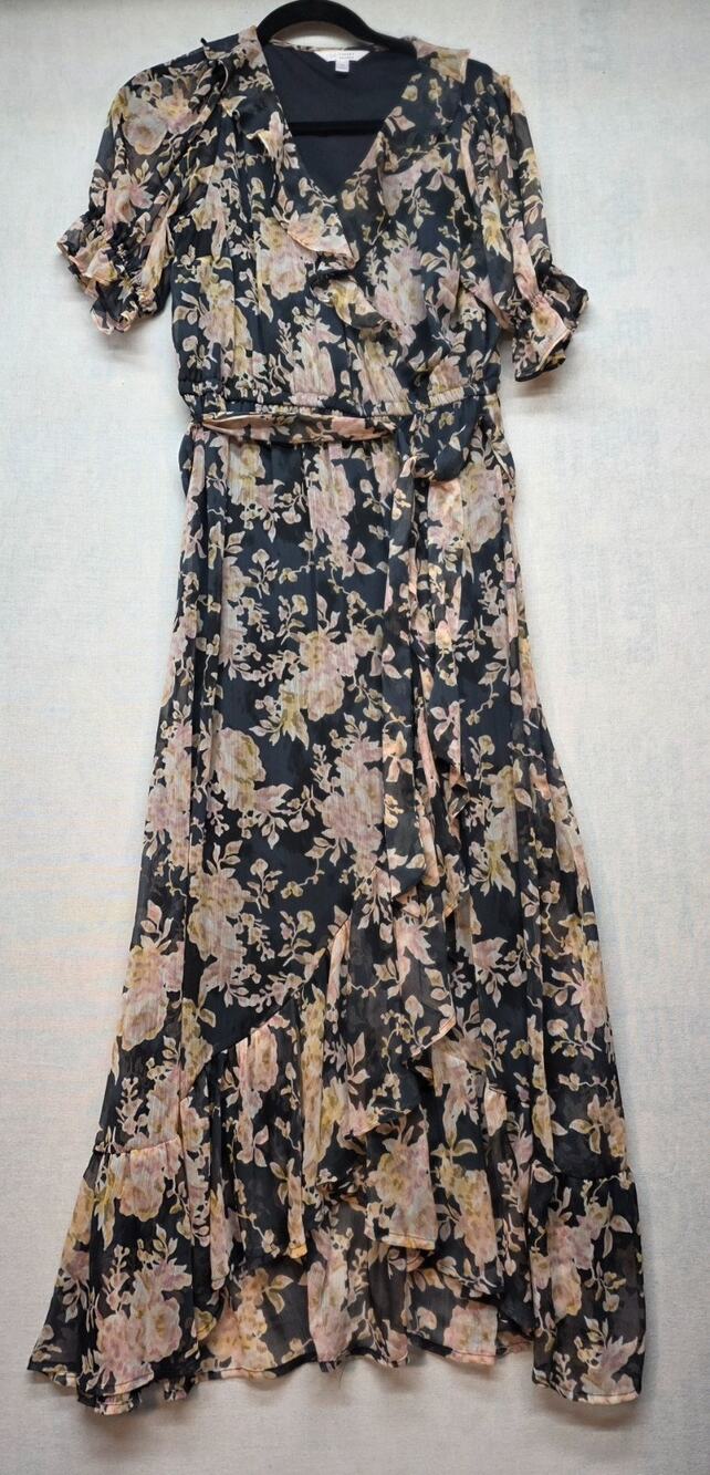LC Laudren Conrad Black Floral Chiffon Ruffle Wrap Maxi Dress Medium Bohemian